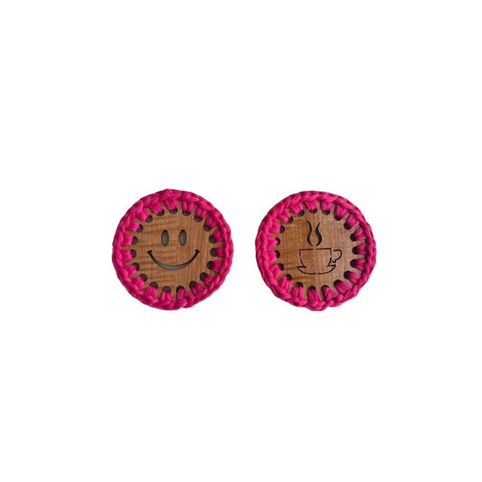 Hot Pink Handmade Crochet And Wood Coffee Round Coaster Set