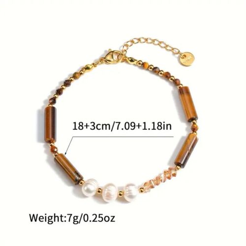 Brown Tiger Eye And Precious Pearls Handmade Stainless Steel Beaded Bracelet