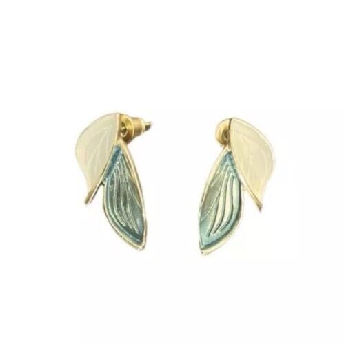 Gold, White And Green Enamel And Leaves Stud Earrings