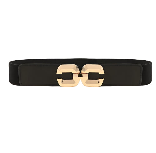 Black And Gold Rounded Edges Square Buckle Adjustable Elastic Band Women’s Belt