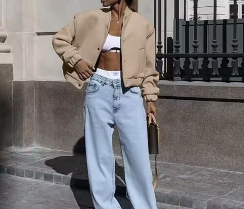 Beige Priest Collar Style Snaps Bomber Jacket
