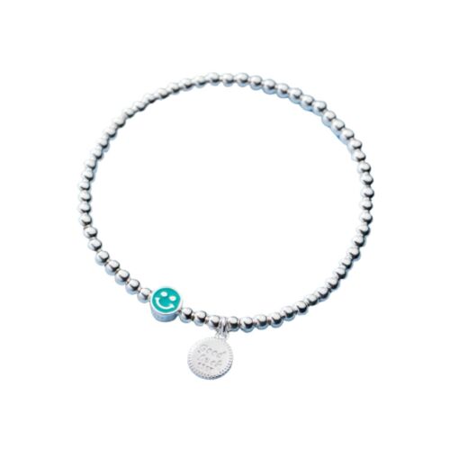 Silver Beaded Blue Smiley Charm Good Luck Charm Stretchy Bracelet