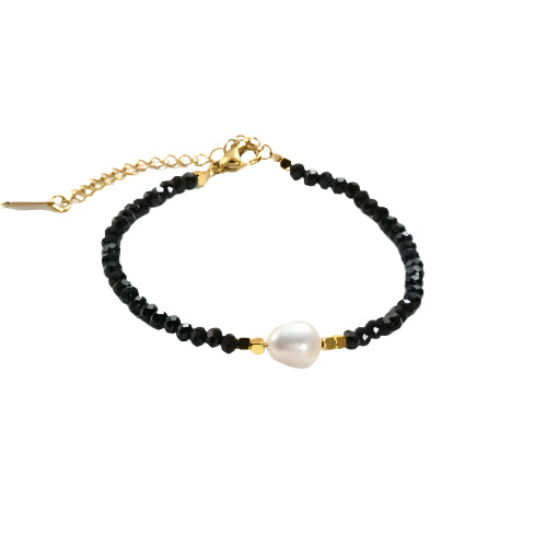 Black Glass Beads And Precious Fresh Pearl Beaded Bracelet