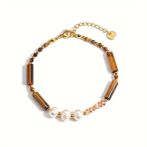 Brown Tiger Eye And Precious Pearls Handmade Stainless Steel Beaded Bracelet