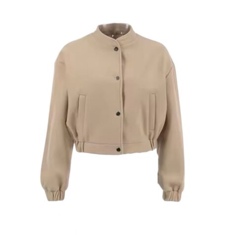 Beige Priest Collar Style Snaps Bomber Jacket