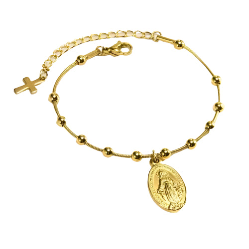 Gold Plated Virgin Mary Pendant Stainless Steel Rosary Style Chain Bracelet