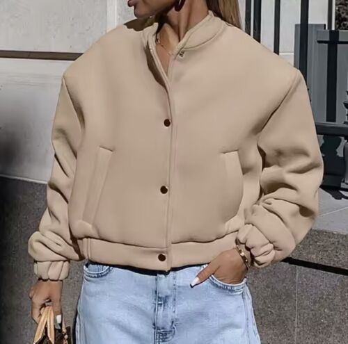 Beige Priest Collar Style Snaps Bomber Jacket