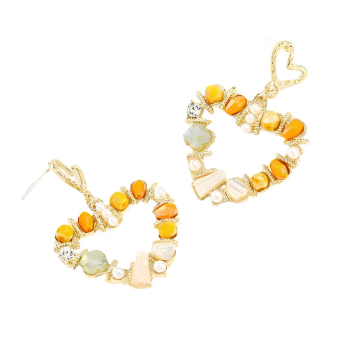 Orange And Gold Stones Round Heart Drop Earrings