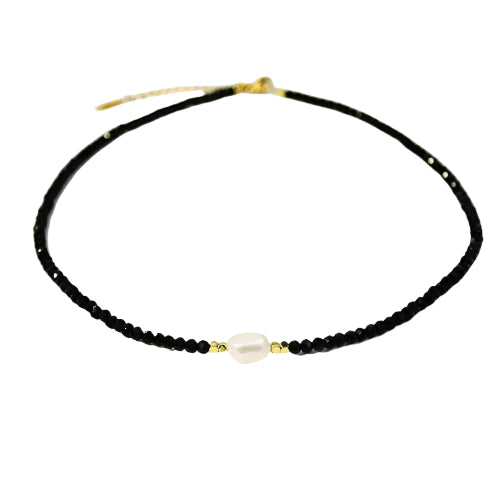 Black Beaded Glass Stones And Cultured Pearl Necklace