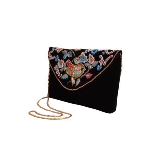 Black Handmade Beaded Bird And Floral Velvet Purse