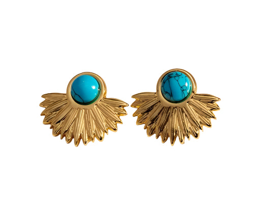 Gold Stainless Steel Lotus Flower With Turquoise Stone Stud Earring