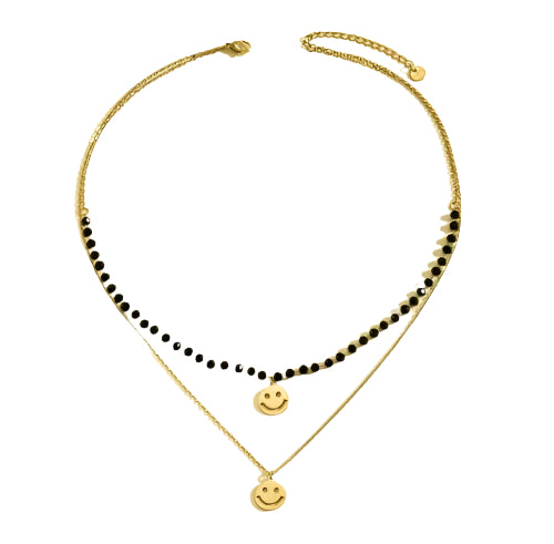 Gold Plated Stainless Steel Double Layer Smiley Face Pendant Necklace