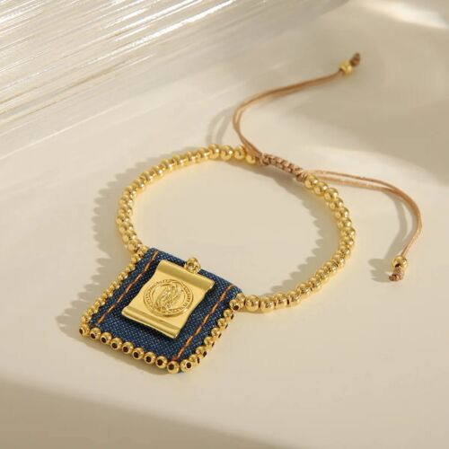 18k Gold Plated Beaded Virgin Mary Denim Bracelet/Bangle