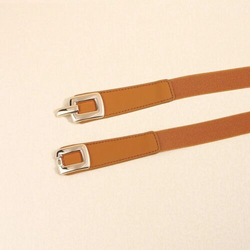 Camel And Gold Square Buckle Adjustable Elastic Band Women’s Belt