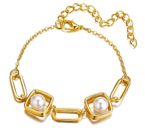Gold Geometric Square Pearls Chains Gold Bracelet
