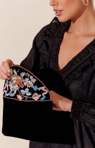 Black Handmade Beaded Bird And Floral Velvet Purse