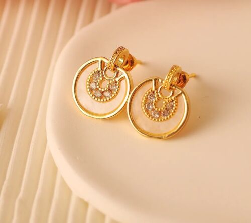 Mini 18k Gold Plated And White Enamel Zircon Round Copper Stud Earrings