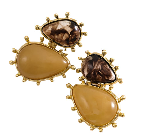 Gold Plated Brown And Beige Resin Drop Earrings