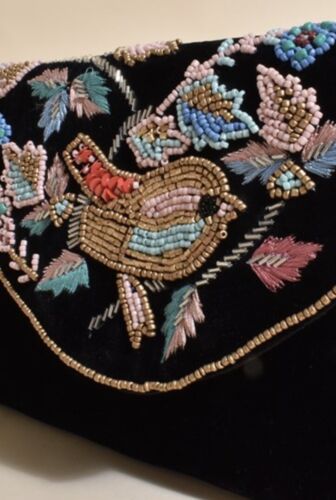 Black Handmade Beaded Bird And Floral Velvet Purse