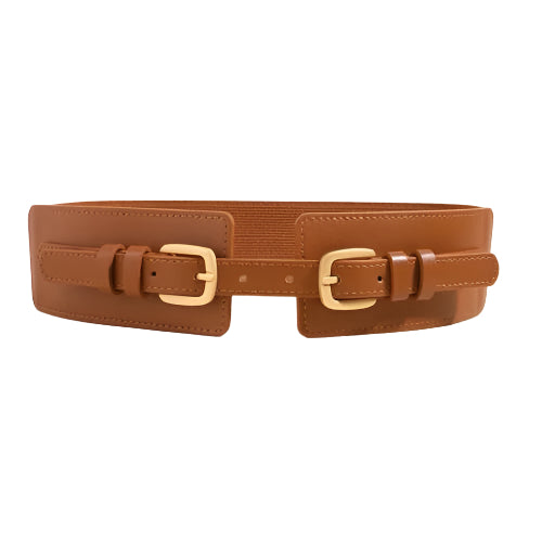 Camel And Gold Double Buckle Adjustable Elastic Band Women’s Belt