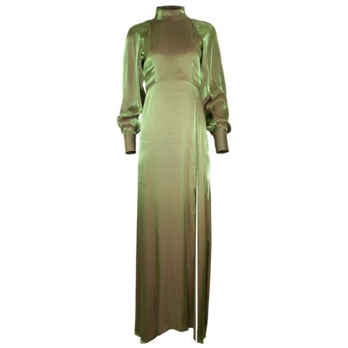 ADIBA Designer Long Sleeves Maxi Green Gladiolus Dress With Side Slit Size L