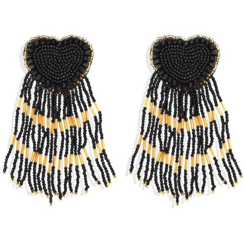 Black Beaded Tassels Heart Earrings