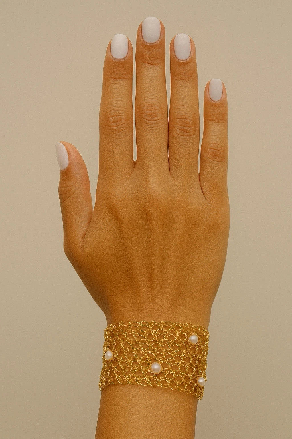 Gold Plated Wide Extended Handmade Wired Precious Pearls Bracelet