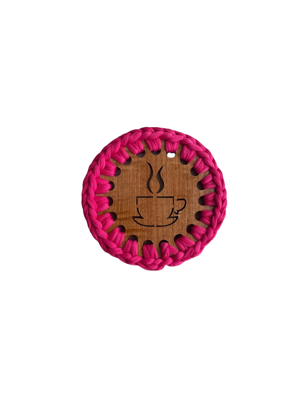 Hot Pink Handmade Crochet And Wood Coffee Round Coaster Set