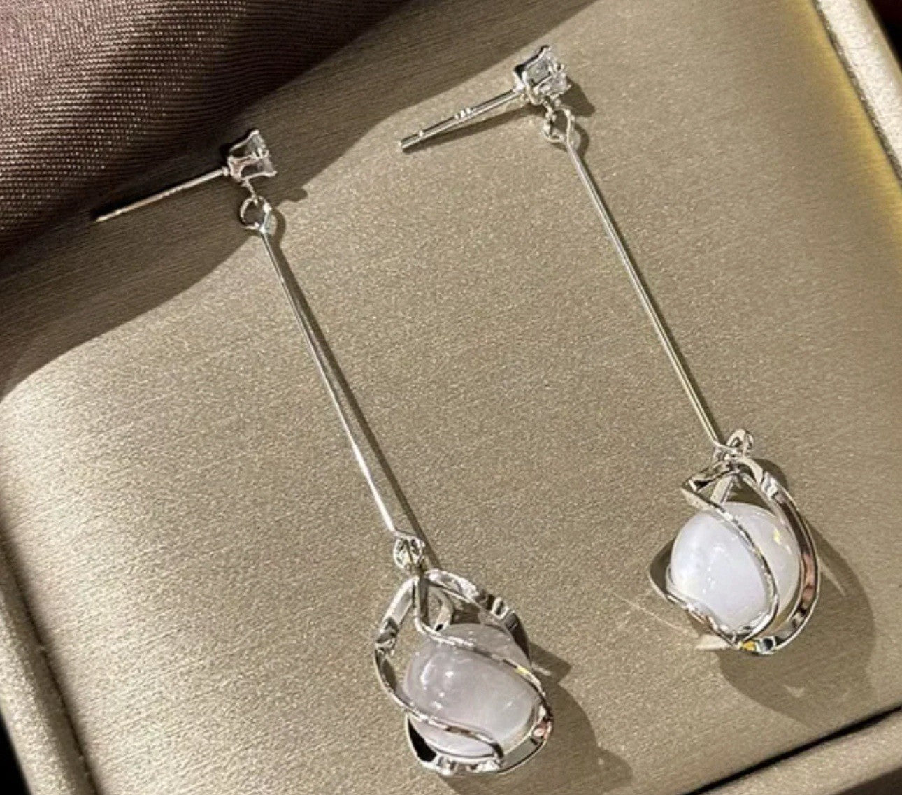 Long Dangle Silver Plated Drop Cats Eye Stone Earrings2