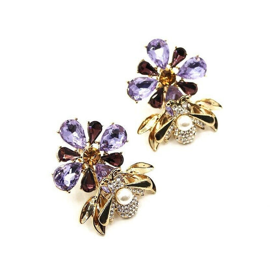 Clip on Statement Bee Gemstone Rhinestone Purple, Bee Earring