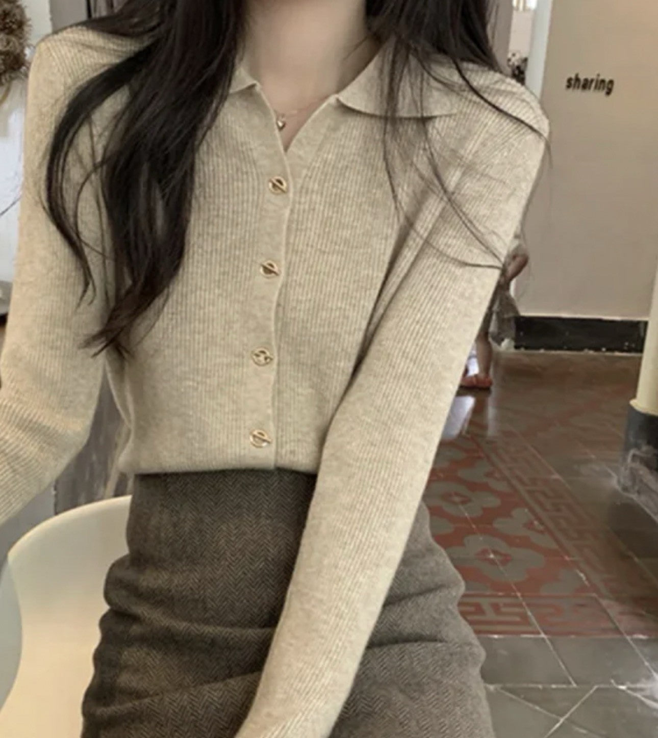 Beige Ribbed Gold Button Hooks Women’s Elegant Sweater Size S2