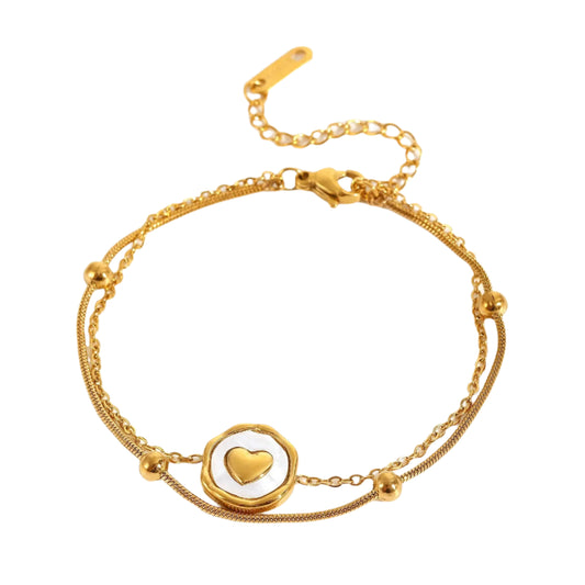 Gold Titanium Steel And White Enamel Heart Charm Double Chain Bracelet