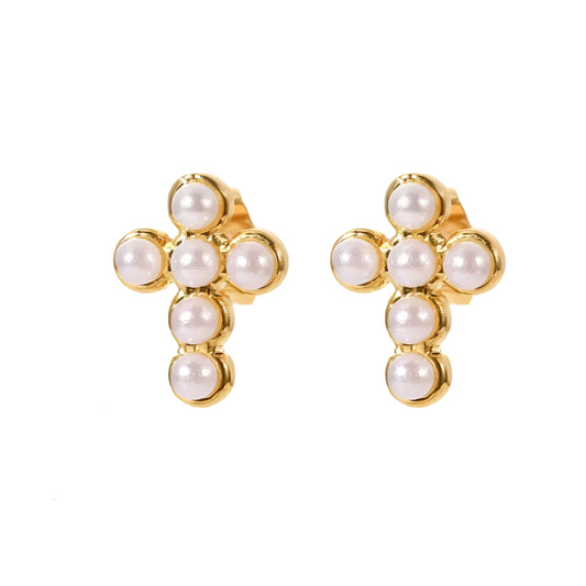 Gold Plated Stainless Steel Pearls Cross With Stud Earring