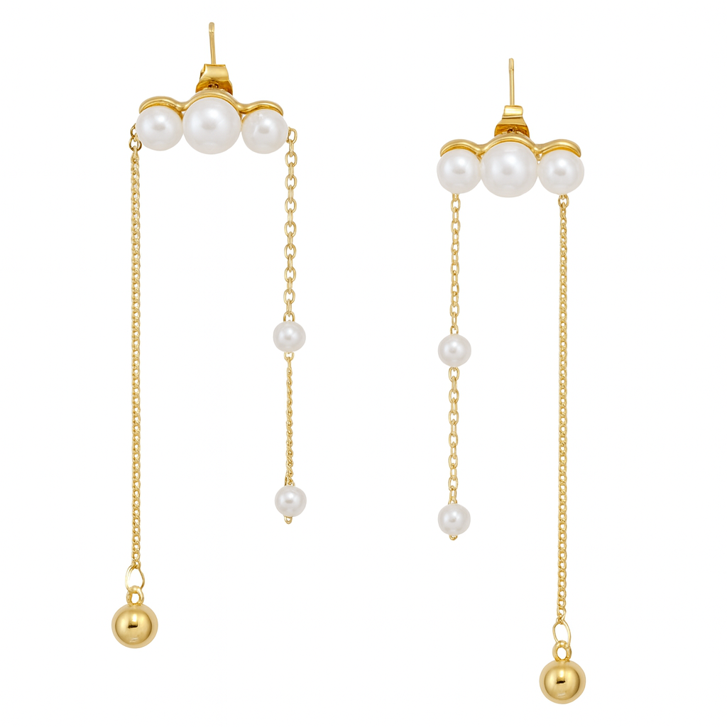 Gold Pearls Double Sided Chain Drop Earrings