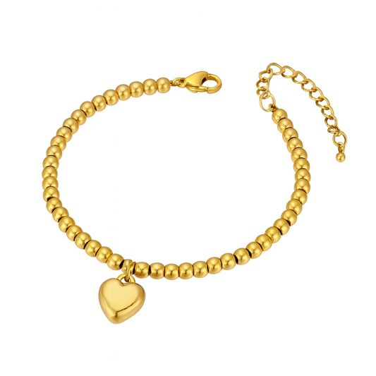 Gold Titanium Steel Beaded Heart Charm Bracelet