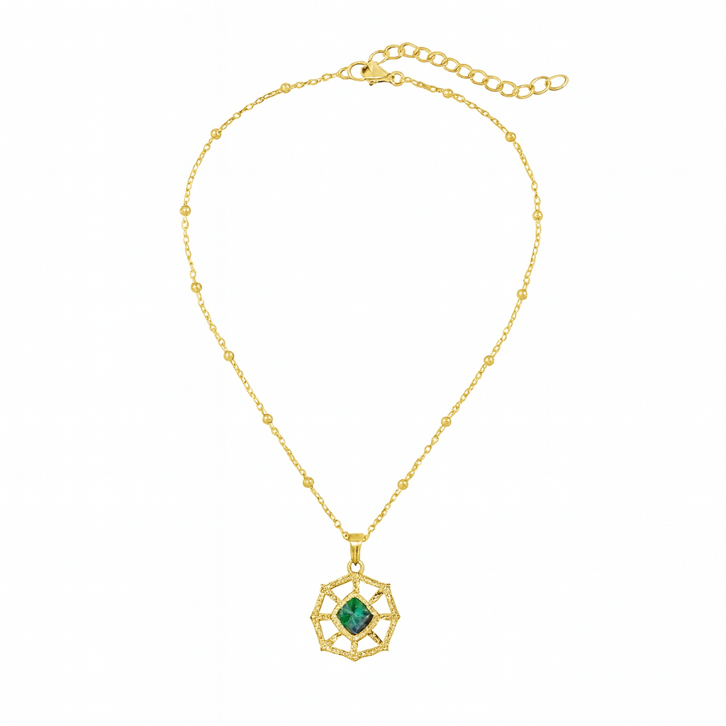 Gold Plated Stainless Steel Green Malachite Stone Pendant Necklace