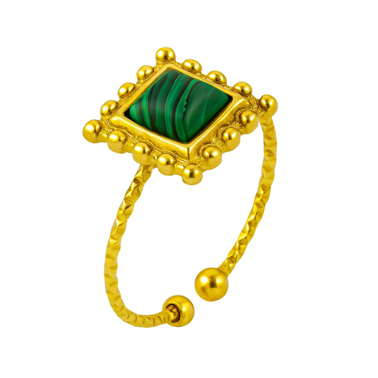 18k Gold Stainless Steel Plated Green Stone Adjustable Vintage Style Ring