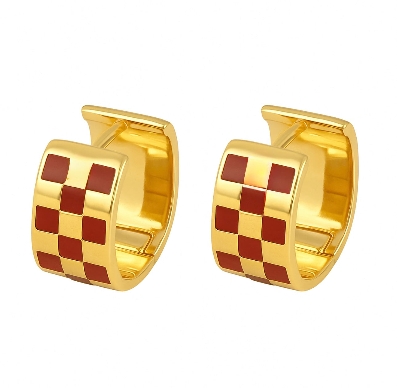 14k Gold Plated Maroon Check Square Shape Hoop Earrings
