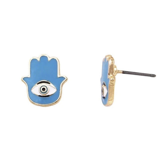 Gold And Enamel Blue Hamsa Stud Earring