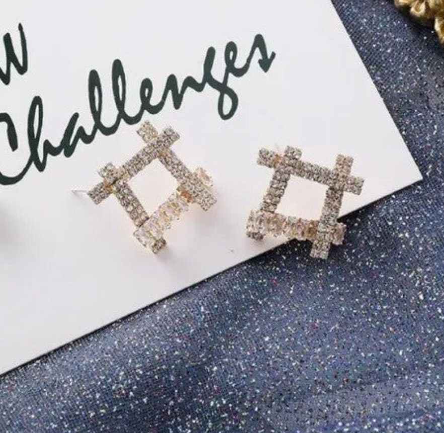 Gold Rhinestones Hashtag Stud Earrings