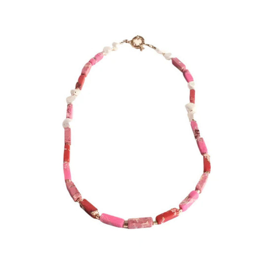 Pink Natural Stones And Precious Pearls With Gold Details Necklace