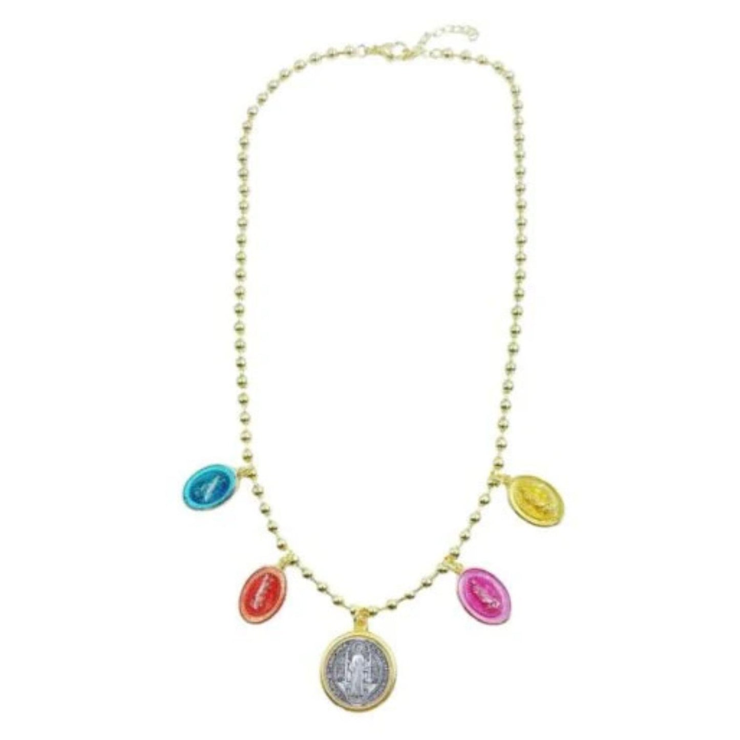 Gold Plated St. Benedict And Virgin Mary Multicolored Pendants Retro Style Necklace