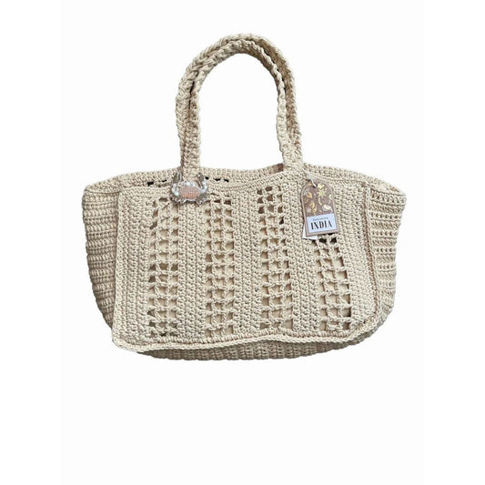 Beige Handmade Crochet With Beaded Crab Charm Beach Bag