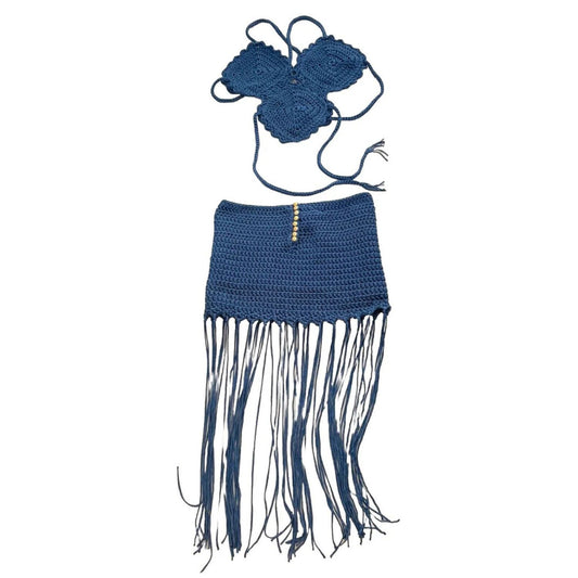 Navy Blue Handmade Crochet Top And Fringed Skirt Set