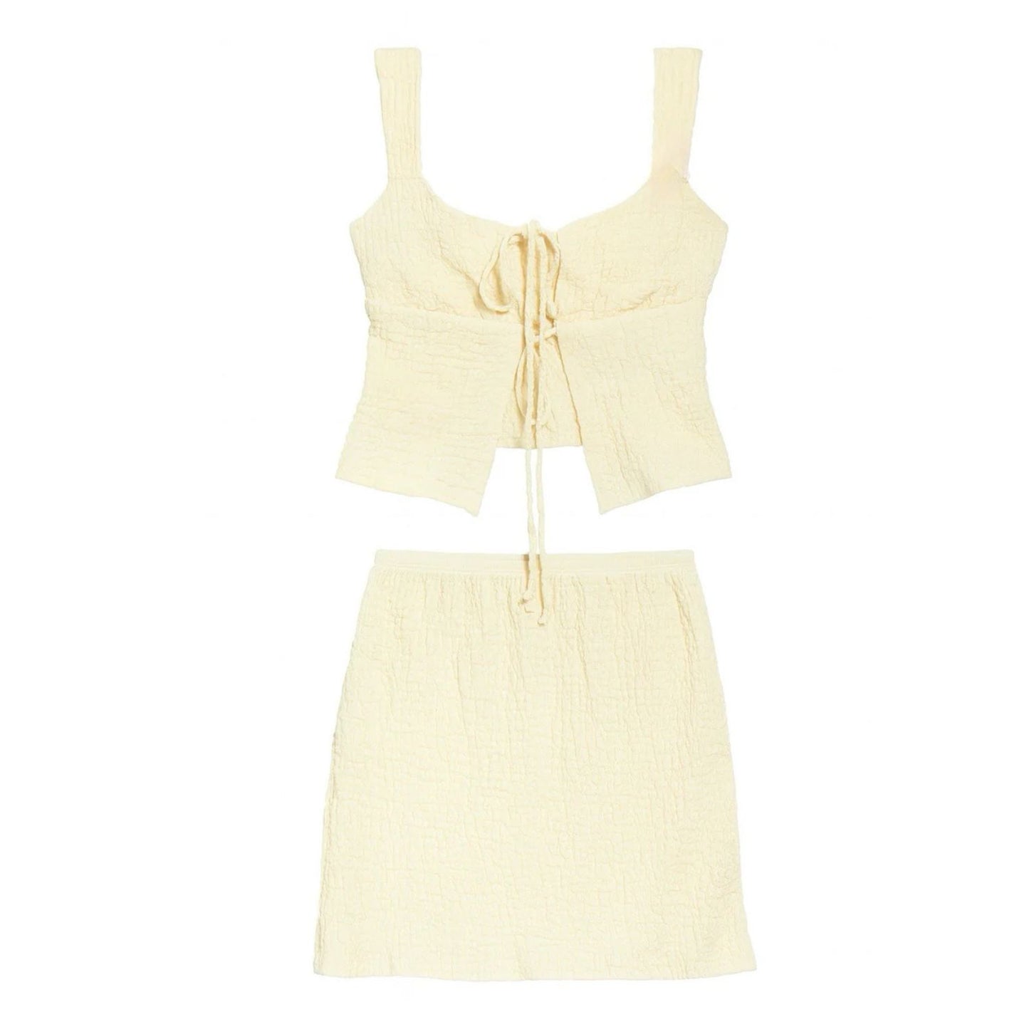 Pastel Yellow Floral Beaded Top And Matching Skirt Summer Set