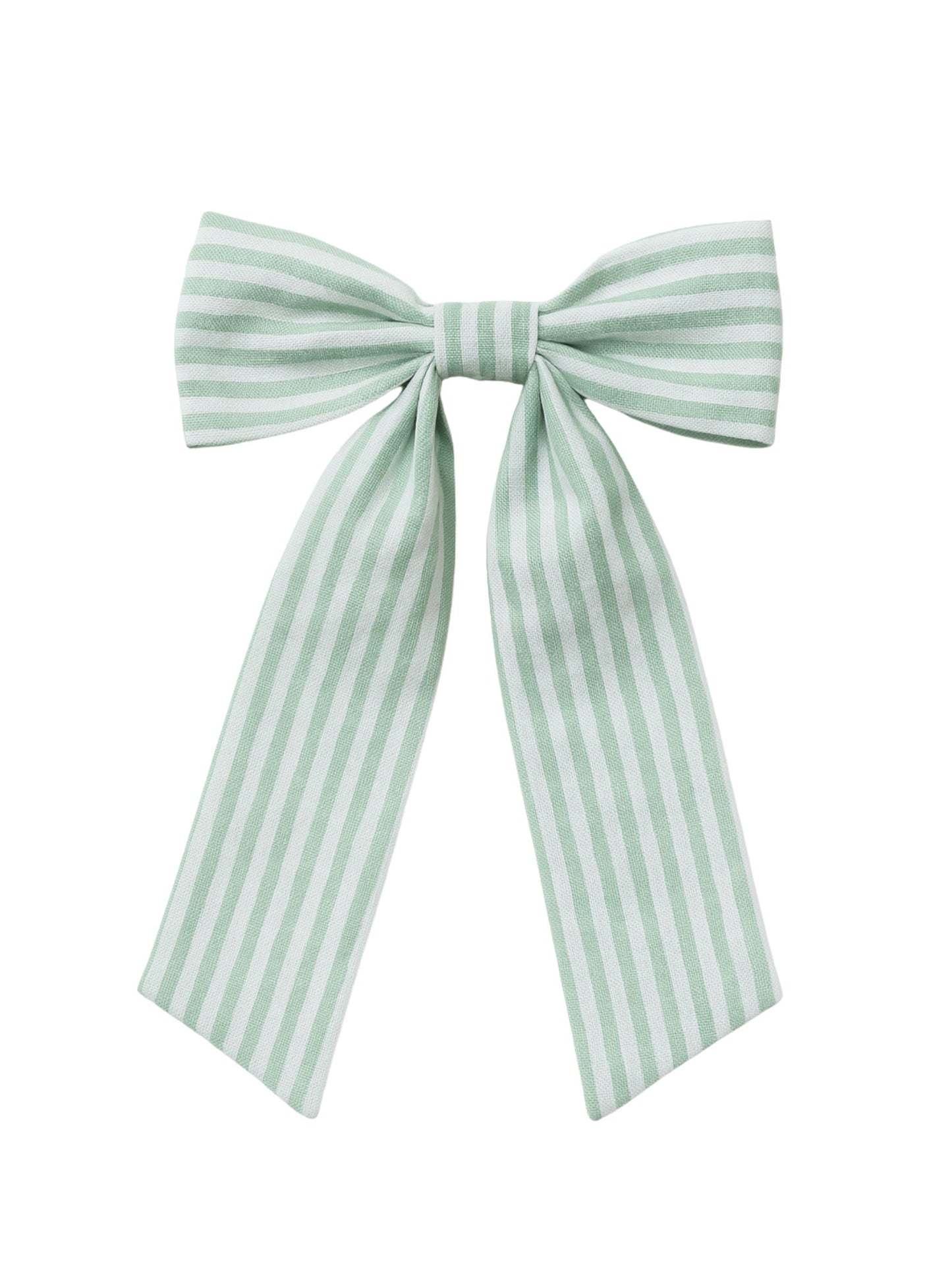 Mint Green And White Stripes Fabric Long Hair Bow Barrette