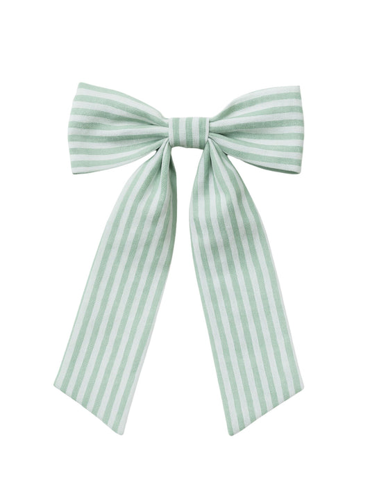 Mint Green And White Stripes Fabric Long Hair Bow Barrette