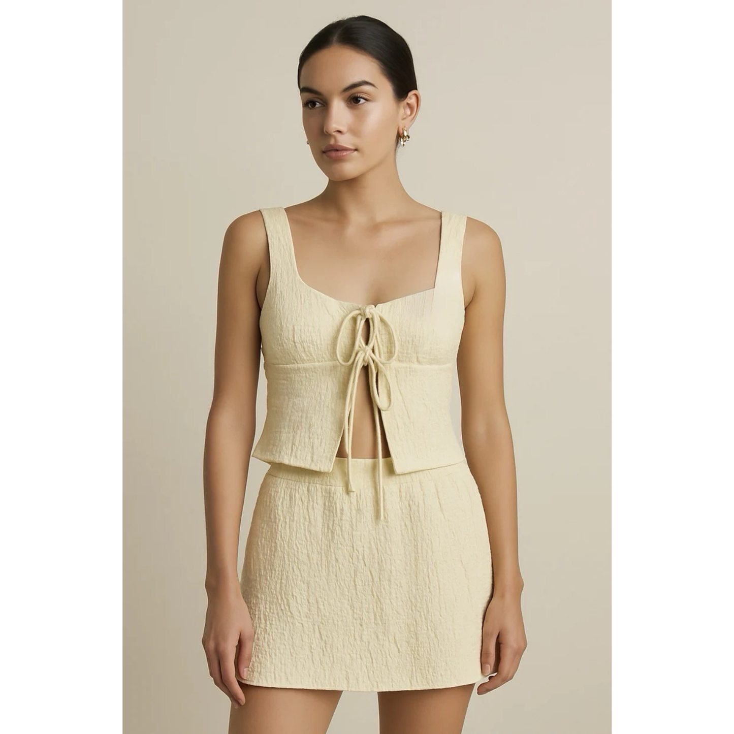 Pastel Yellow Floral Beaded Top And Matching Skirt Summer Set