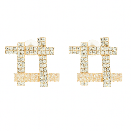 Gold Rhinestones Hashtag Stud Earrings