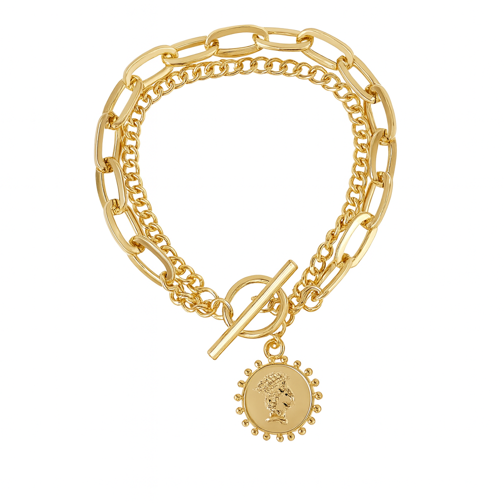 Gold Plated Double Chain Coin Charm Bracelet